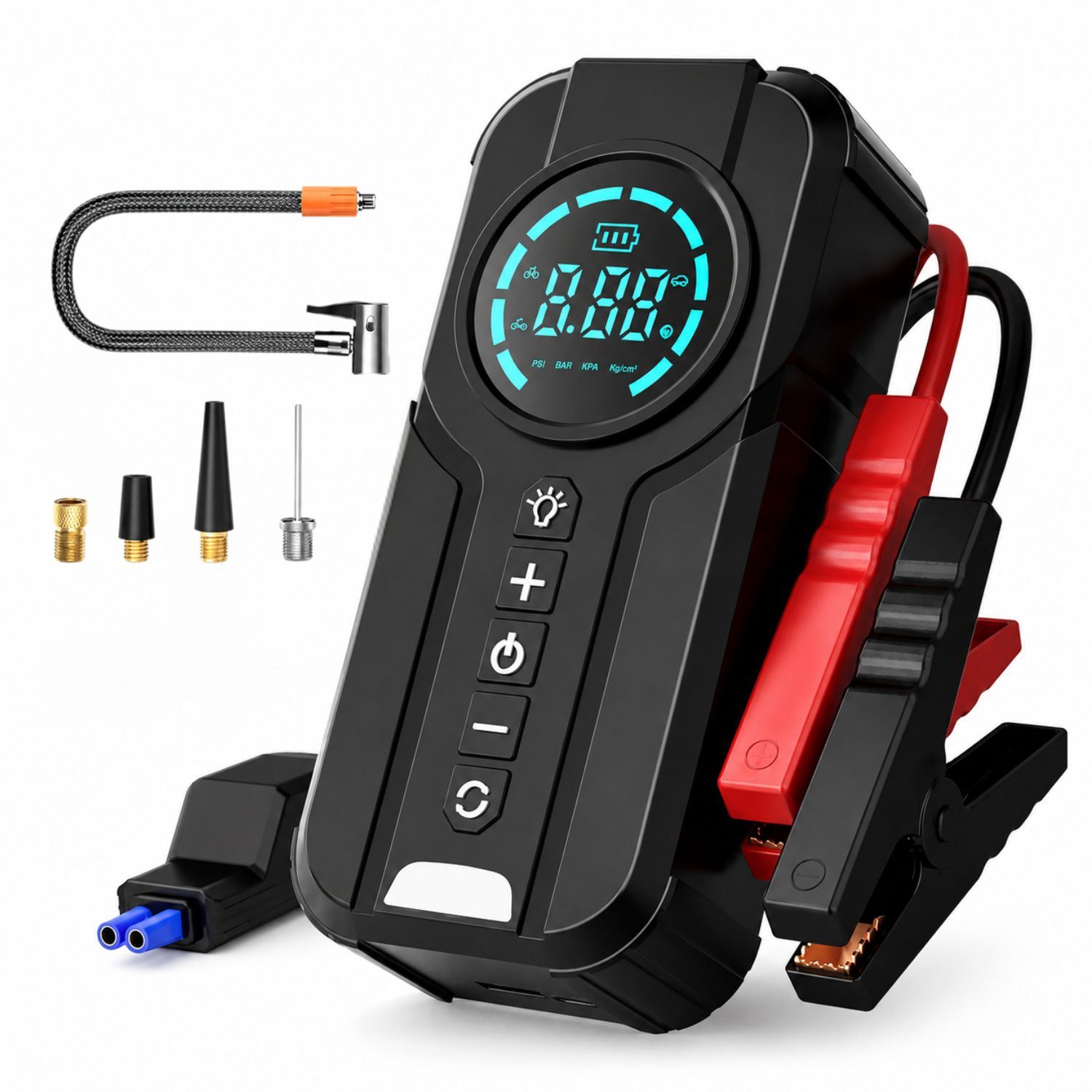 Arrancador De Auto 1000A Pico Máximo Con Inflador 150PSI Power Bank 8000mAh Y Linterna LED